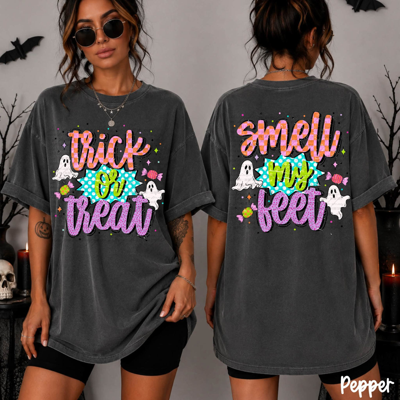 Trick or Treat Smell My Feet Shirt | Front and Back Halloween Graphic Tee | Cute Ghost Halloween Shirt | Colorful Spooky Season Tee