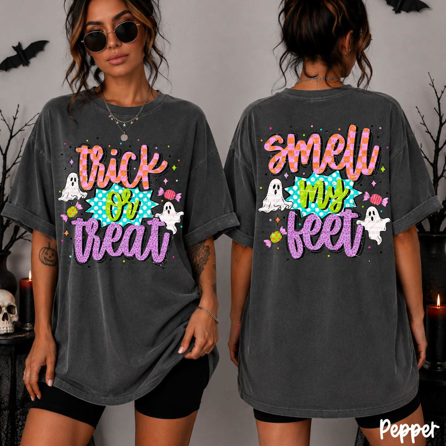 Trick or Treat Smell My Feet Shirt | Front and Back Halloween Graphic Tee | Cute Ghost Halloween Shirt | Colorful Spooky Season Tee