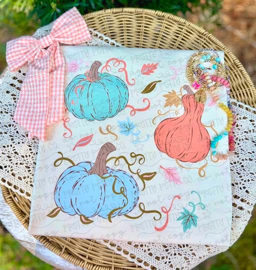Pastel Pumpkin Fall Shirt | Cute Coquette Autumn Tee | Blue & Pink Pumpkin Graphic Shirt | Girly Fall Thanksgiving T-Shirt