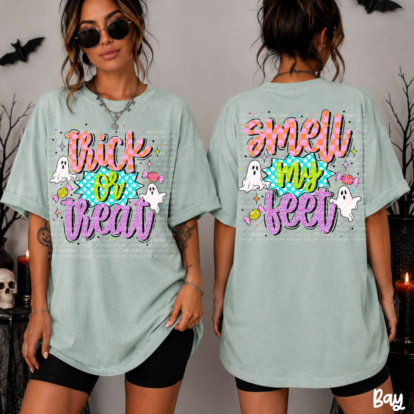 Trick or Treat Smell My Feet Shirt | Front and Back Halloween Graphic Tee | Cute Ghost Halloween Shirt | Colorful Spooky Season Tee