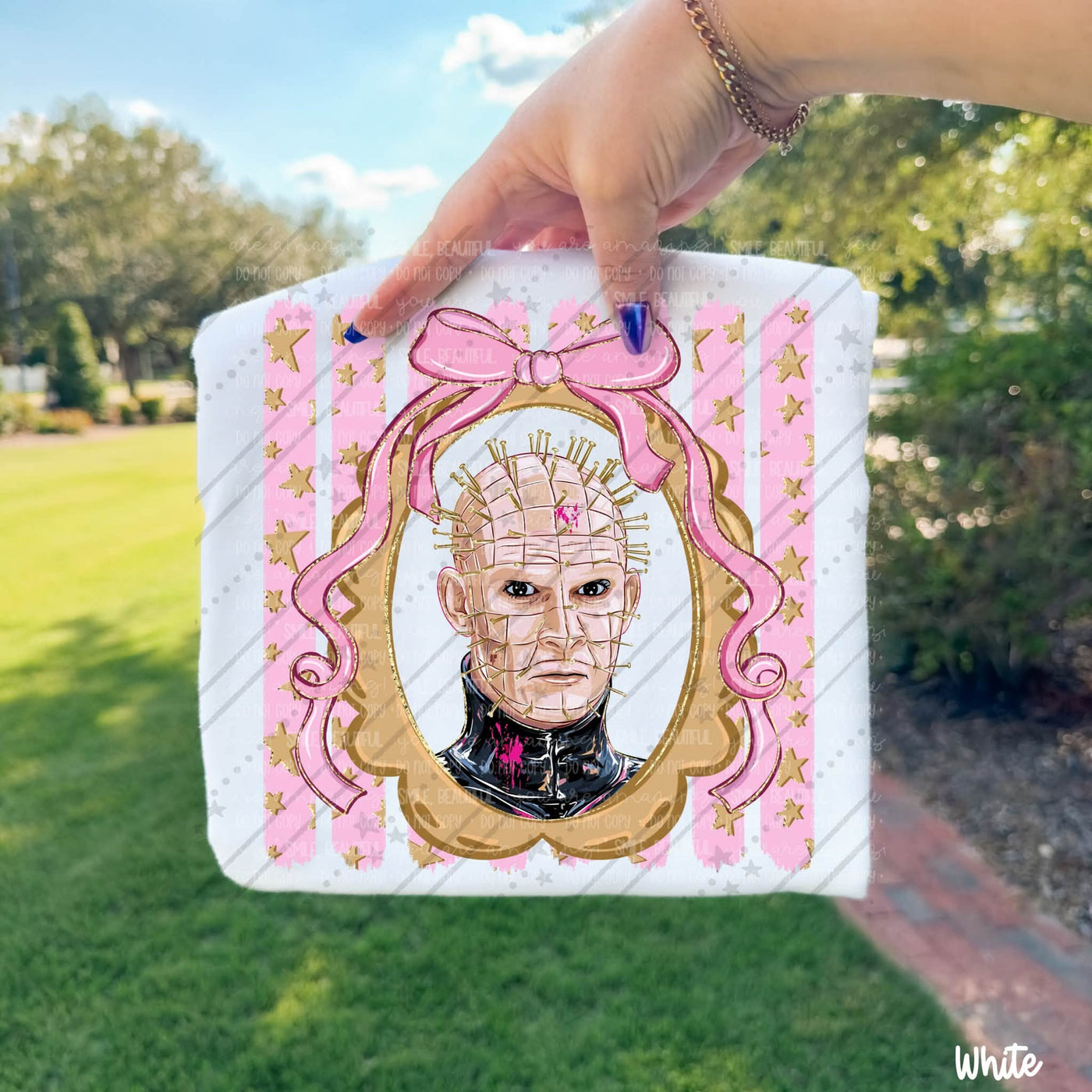 Pinhead Inspired Pink Bow Horror Graphic Tee | Spooky Halloween Shirt