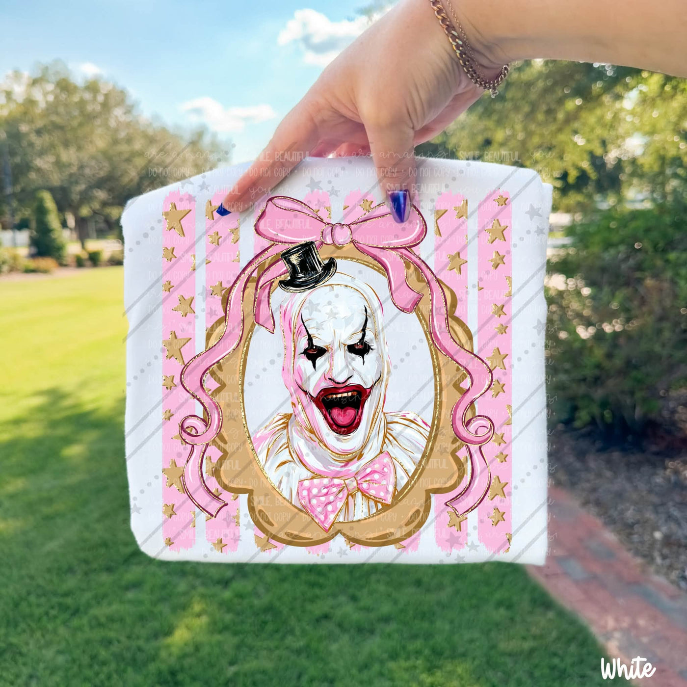 Creepy Clown Pink Bow Horror Graphic Tee | Spooky Halloween Shirt