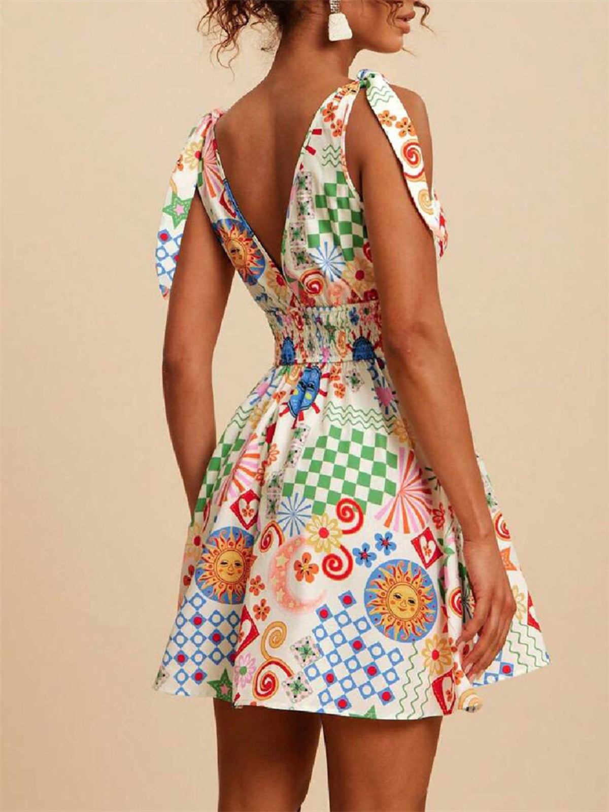 V-Neck Sleeveless Smocked Waist Printed Mini Dress - Pretty Petty Co