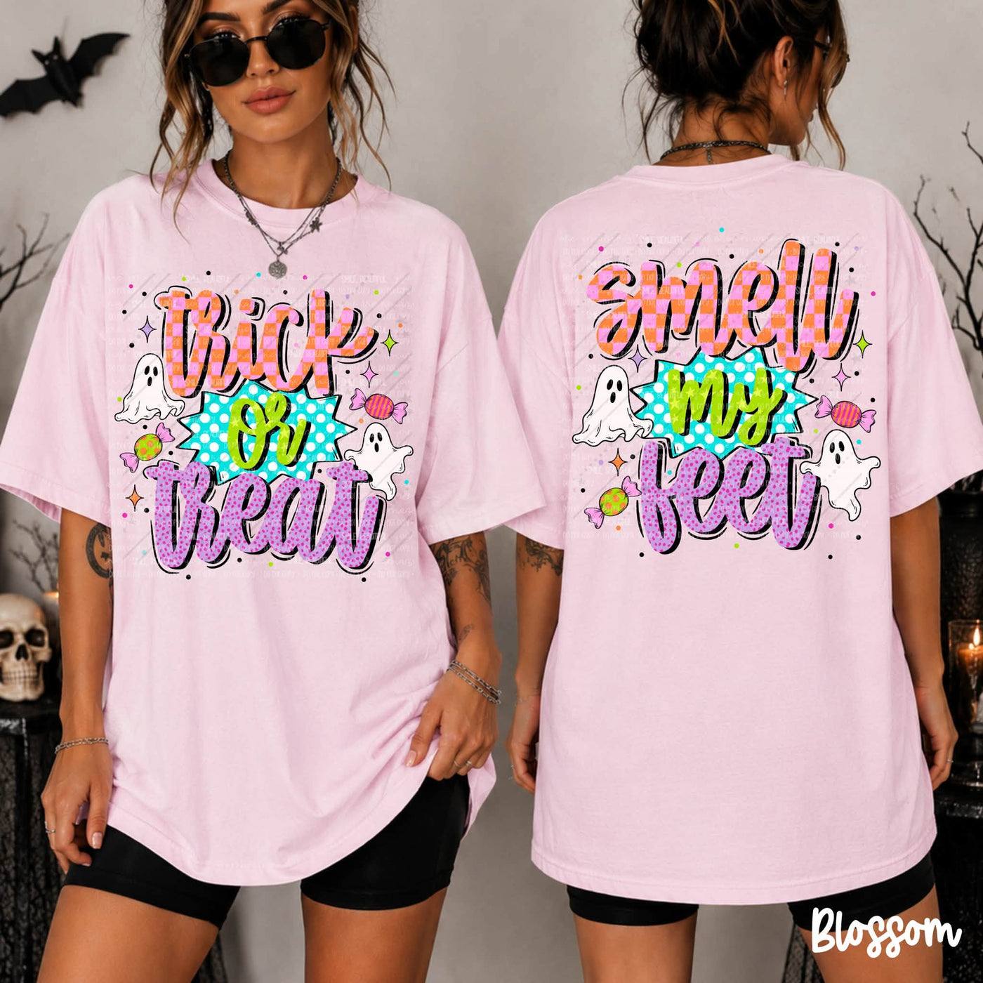 Trick or Treat Smell My Feet Shirt | Front and Back Halloween Graphic Tee | Cute Ghost Halloween Shirt | Colorful Spooky Season Tee