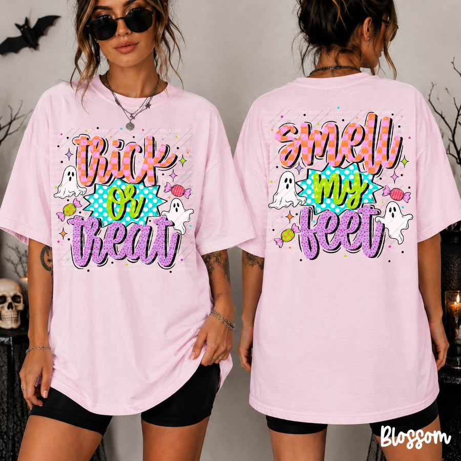 Trick or Treat Smell My Feet Shirt | Front and Back Halloween Graphic Tee | Cute Ghost Halloween Shirt | Colorful Spooky Season Tee