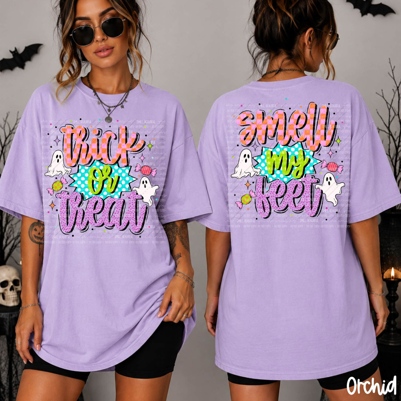 Trick or Treat Smell My Feet Shirt | Front and Back Halloween Graphic Tee | Cute Ghost Halloween Shirt | Colorful Spooky Season Tee
