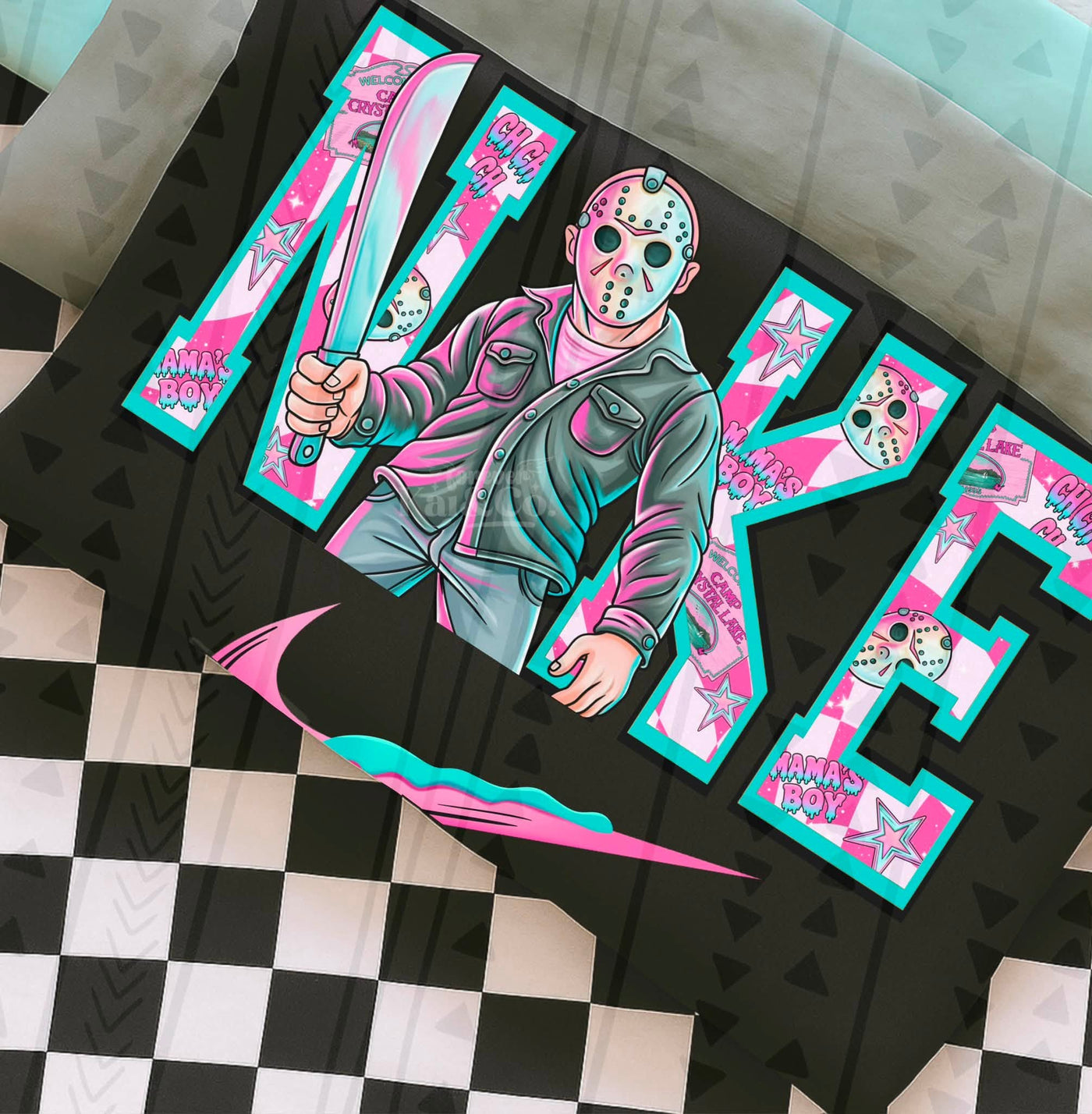 Hockey Mask Killer Retro Pink Horror Graphic Tee | Halloween Shirt