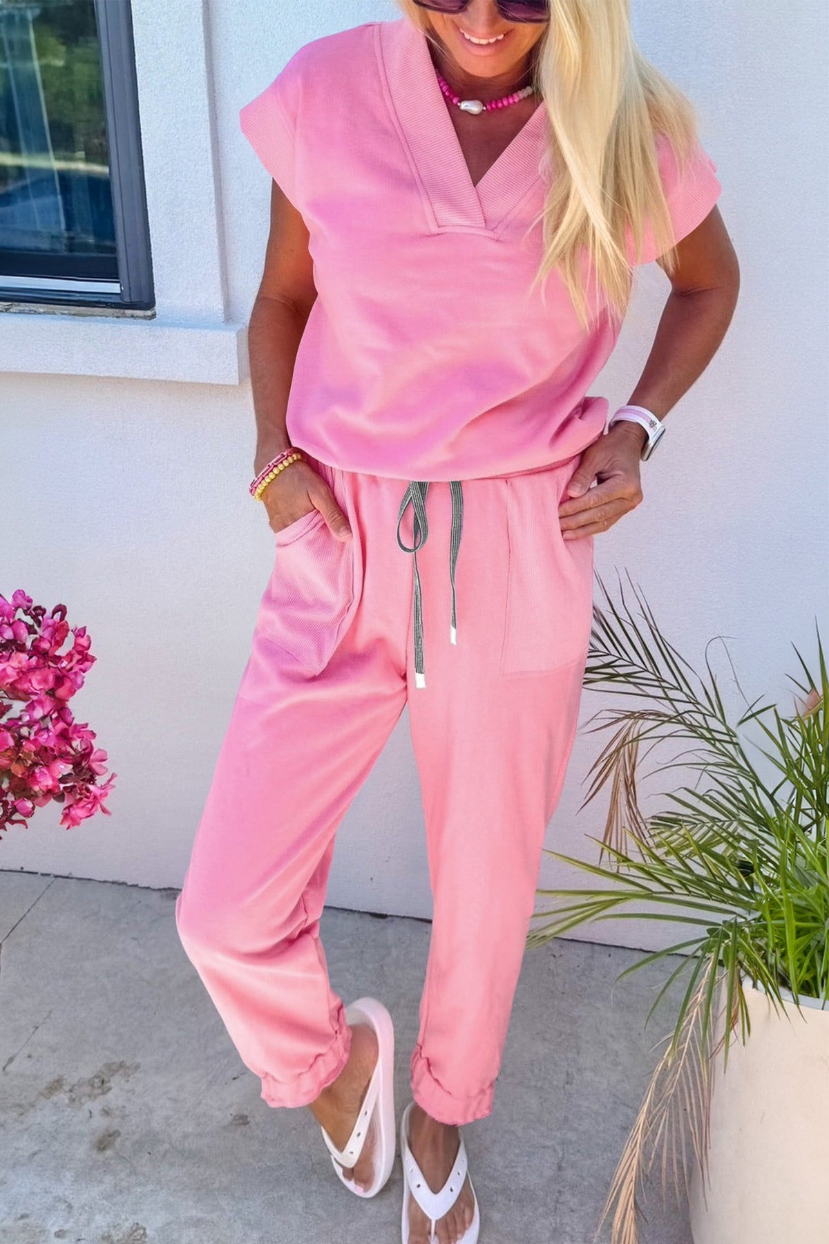 Bonbon Solid Color V Neck Tee Drawstring Pant Set - Pretty Petty Co