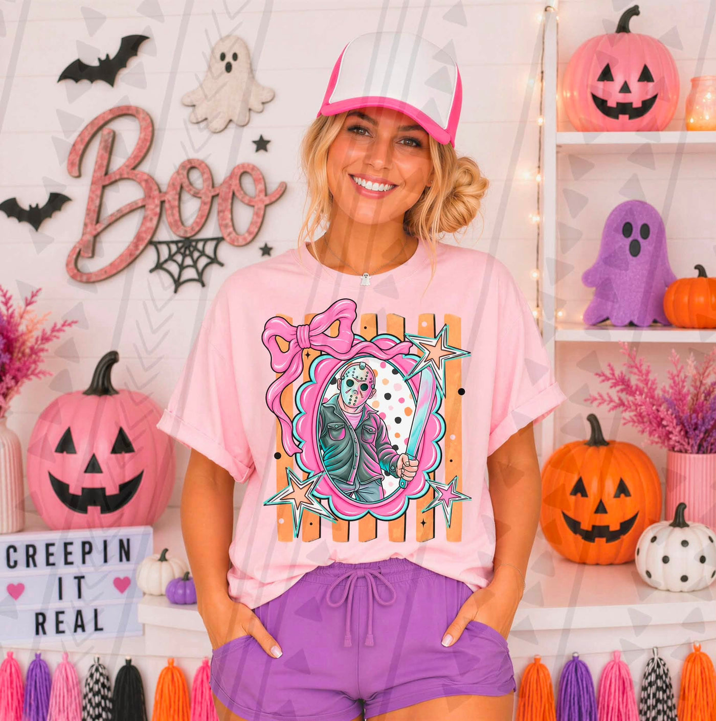 Girly Horror Halloween Graphic Tee | Pink Bow Spooky Killer Shirt | Cute Retro Halloween T-Shirt