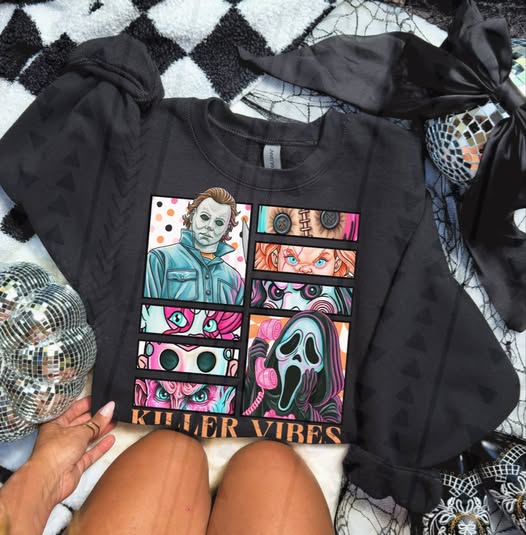 Killer Vibes Horror Character Graphic Tee – Retro Pink Halloween Shirt