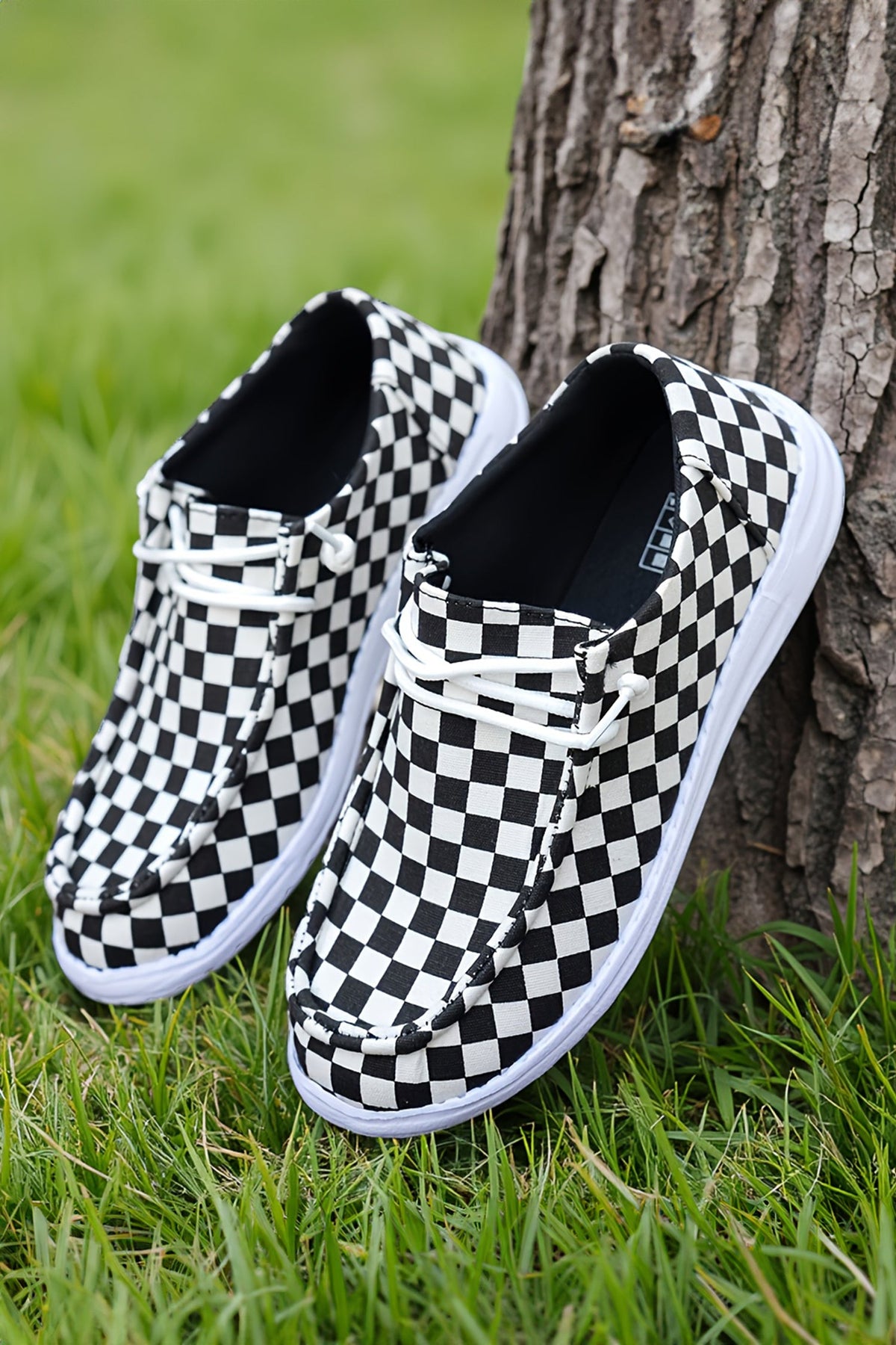 Color black Checkered Print Lace-up Detail Flat Shoes - Pretty Petty Co