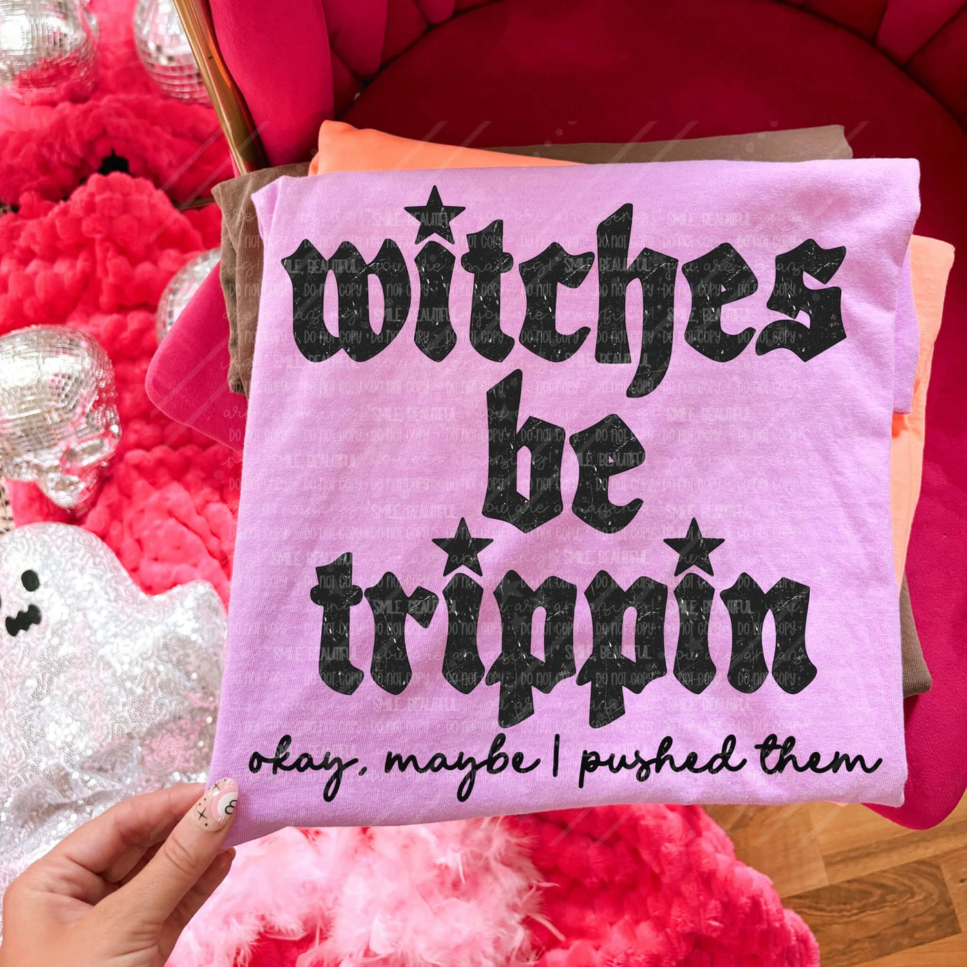 Witches Be Trippin Okay Maybe I Pushed Them Graphic Tee – Funny Halloween Shirt