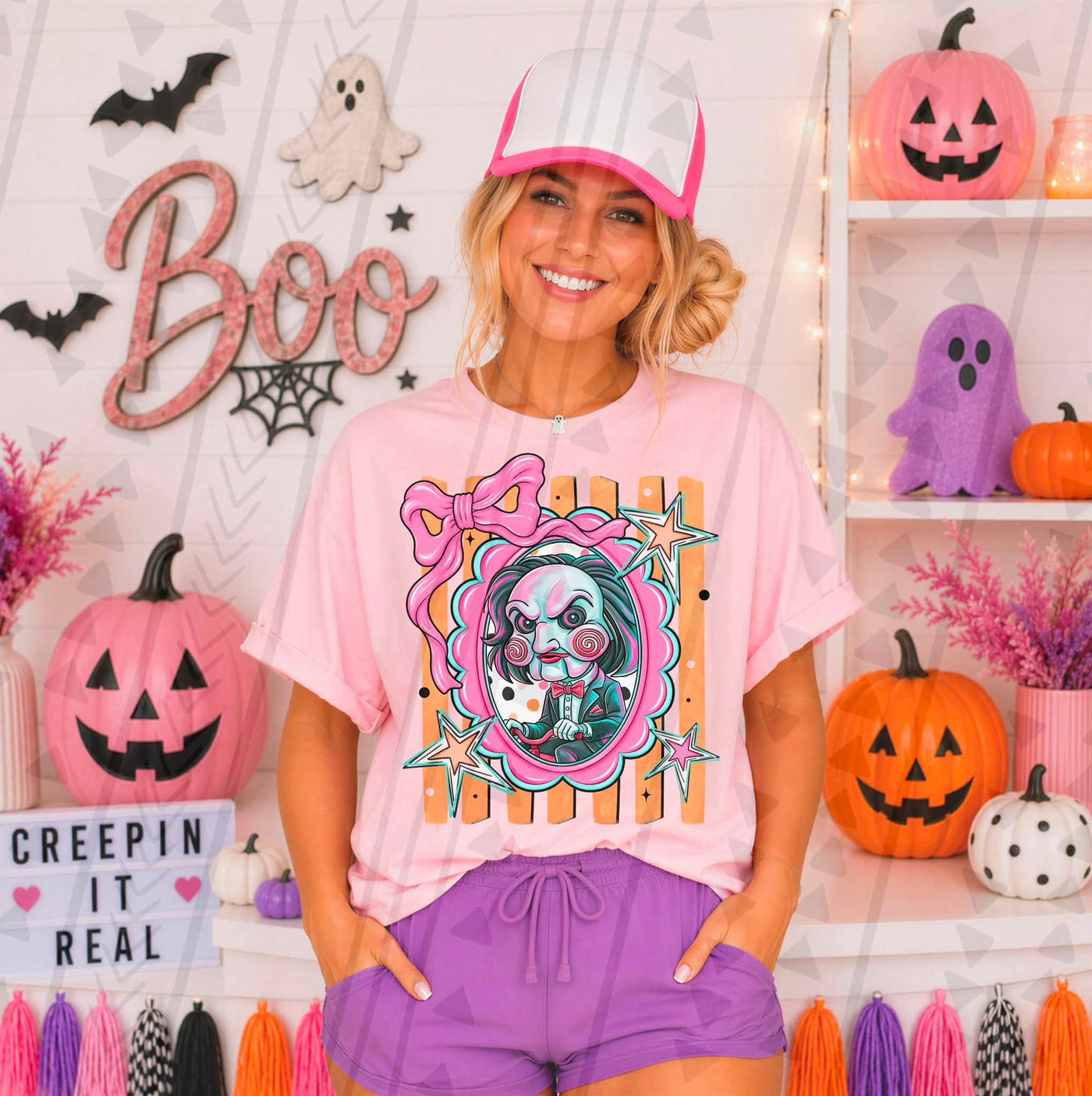 Girly Horror Halloween Graphic Tee | Pink Bow Spooky Killer Shirt | Cute Retro Halloween T-Shirt