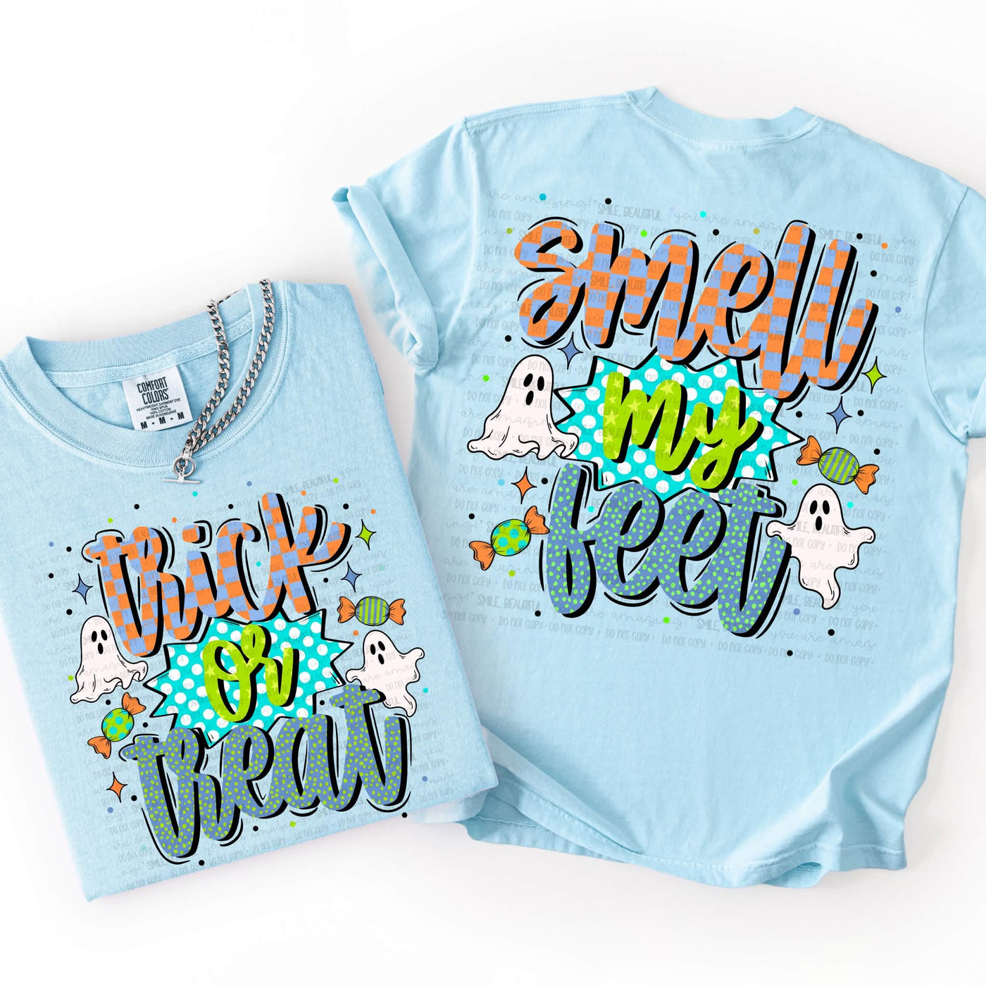 Trick or Treat Smell My Feet Halloween Graphic Tee | Colorful Ghost & Candy Front and Back Shirt