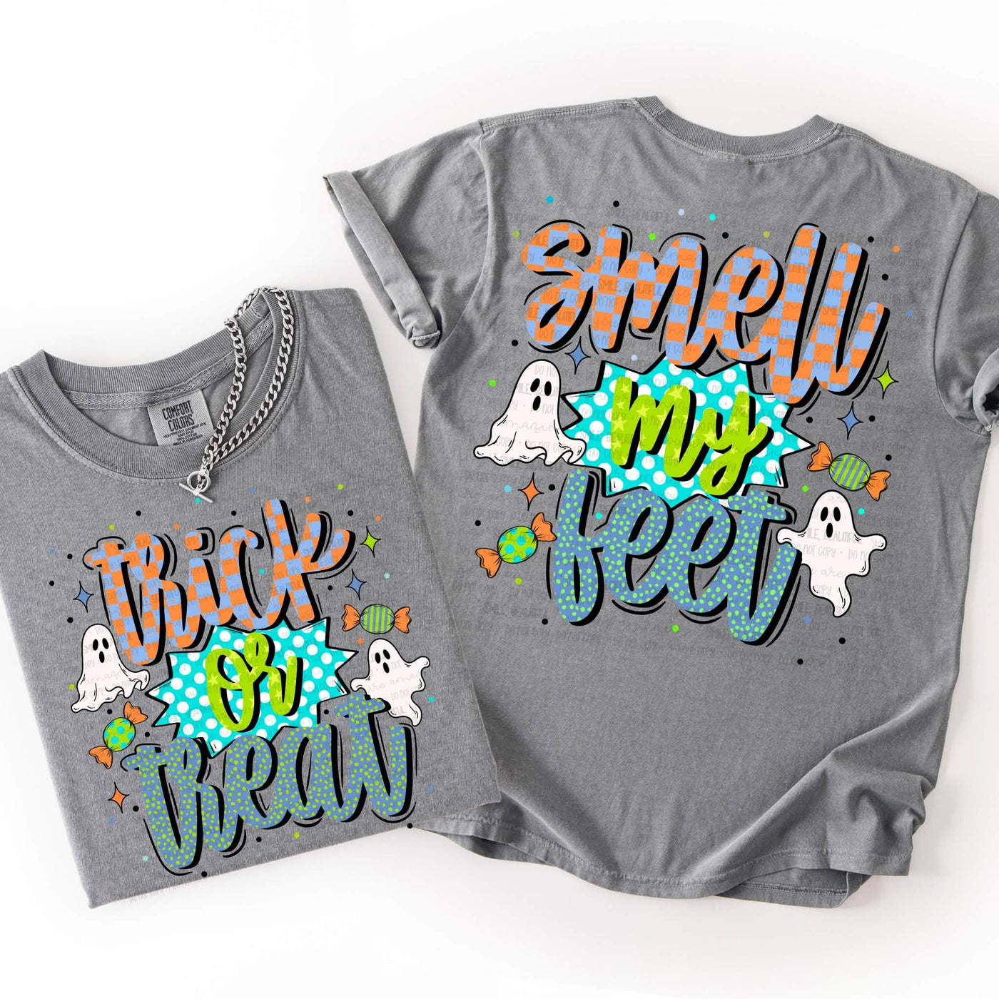 Trick or Treat Smell My Feet Halloween Graphic Tee | Colorful Ghost & Candy Front and Back Shirt