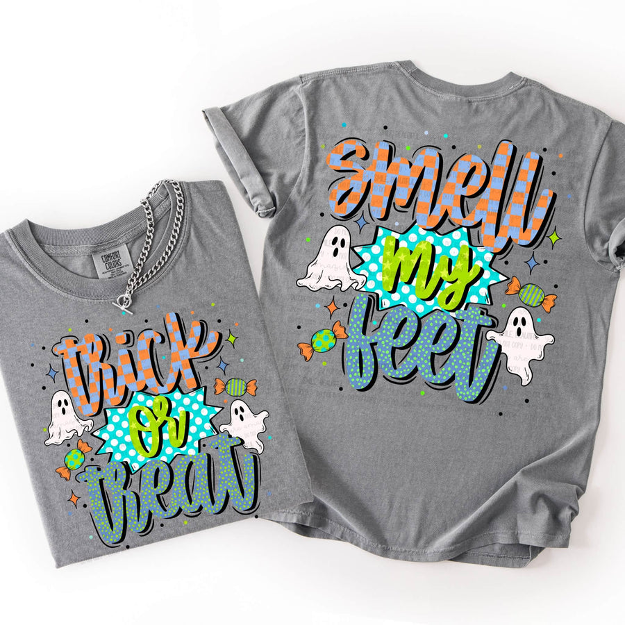 Trick or Treat Smell My Feet Halloween Graphic Tee | Colorful Ghost & Candy Front and Back Shirt