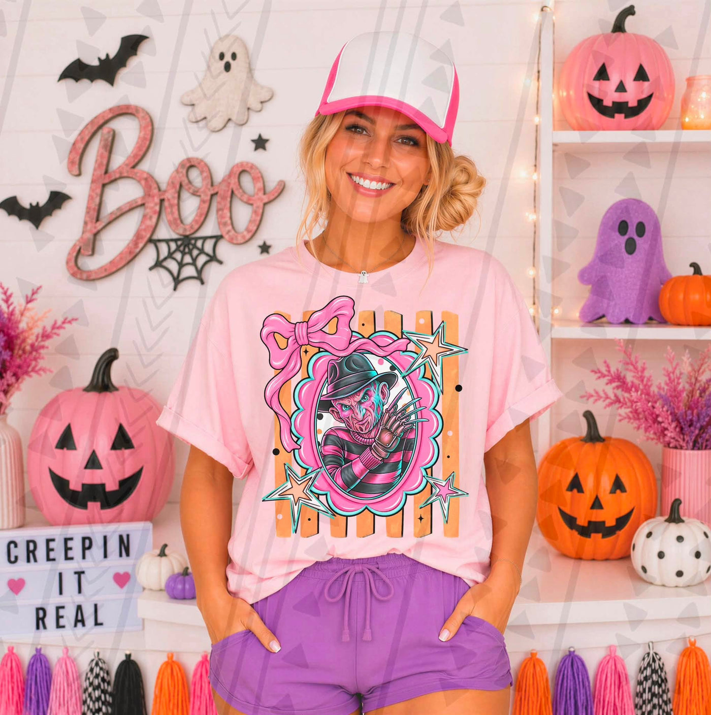 Girly Horror Halloween Graphic Tee | Pink Bow Spooky Killer Shirt | Cute Retro Halloween T-Shirt
