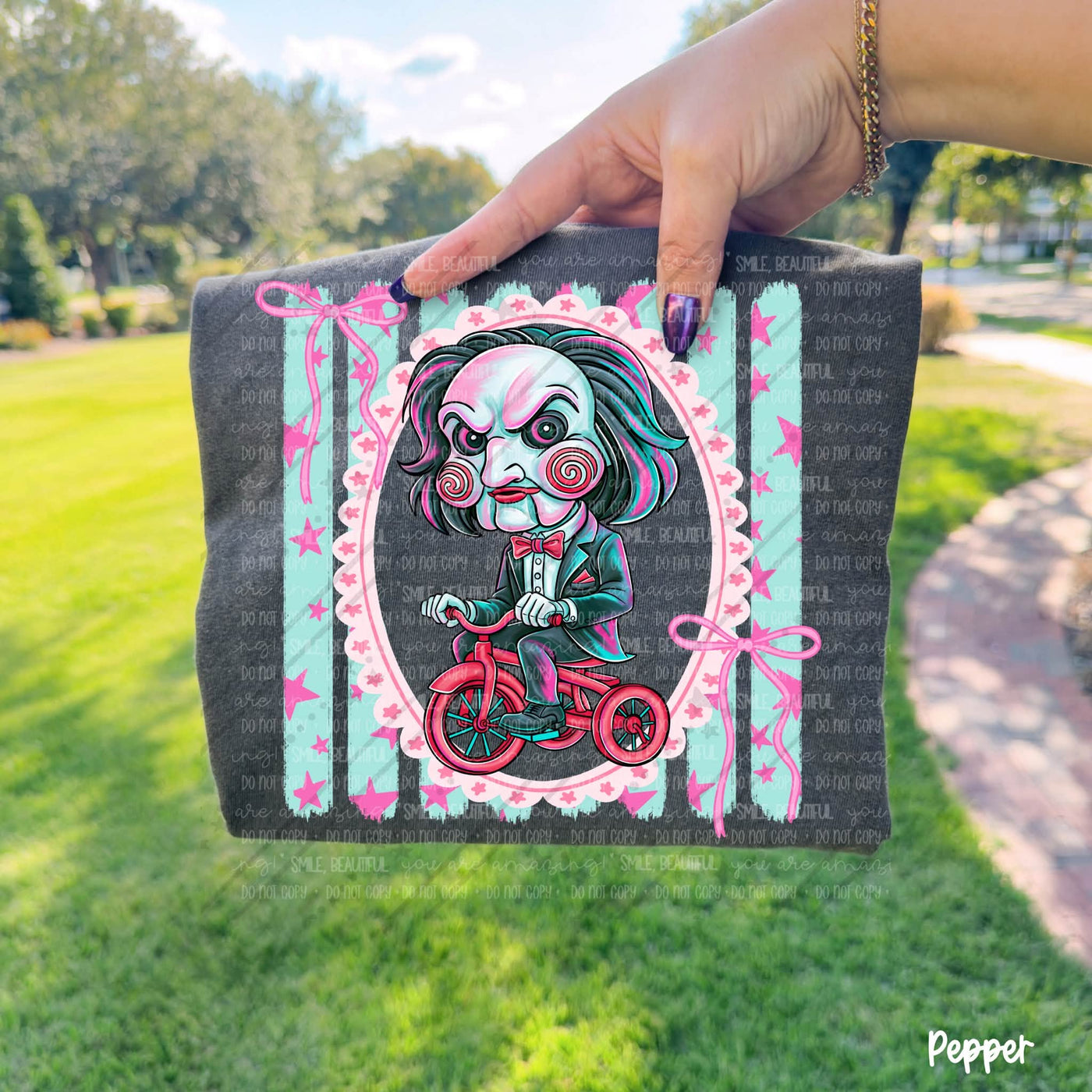 Girly Horror Halloween Graphic Tee | Pink Bow Spooky Character Shirt | Cute Killer Halloween T-Shirt