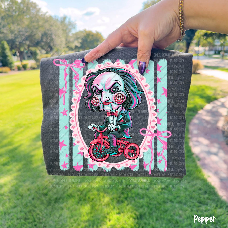 Girly Horror Halloween Graphic Tee | Pink Bow Spooky Character Shirt | Cute Killer Halloween T-Shirt