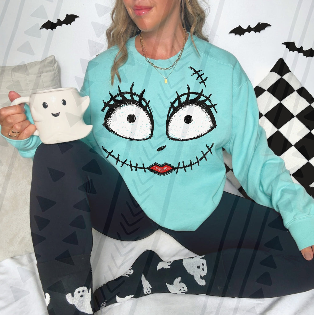 Stitched Doll Face Halloween Graphic Sweatshirt – Spooky Cute Crewneck