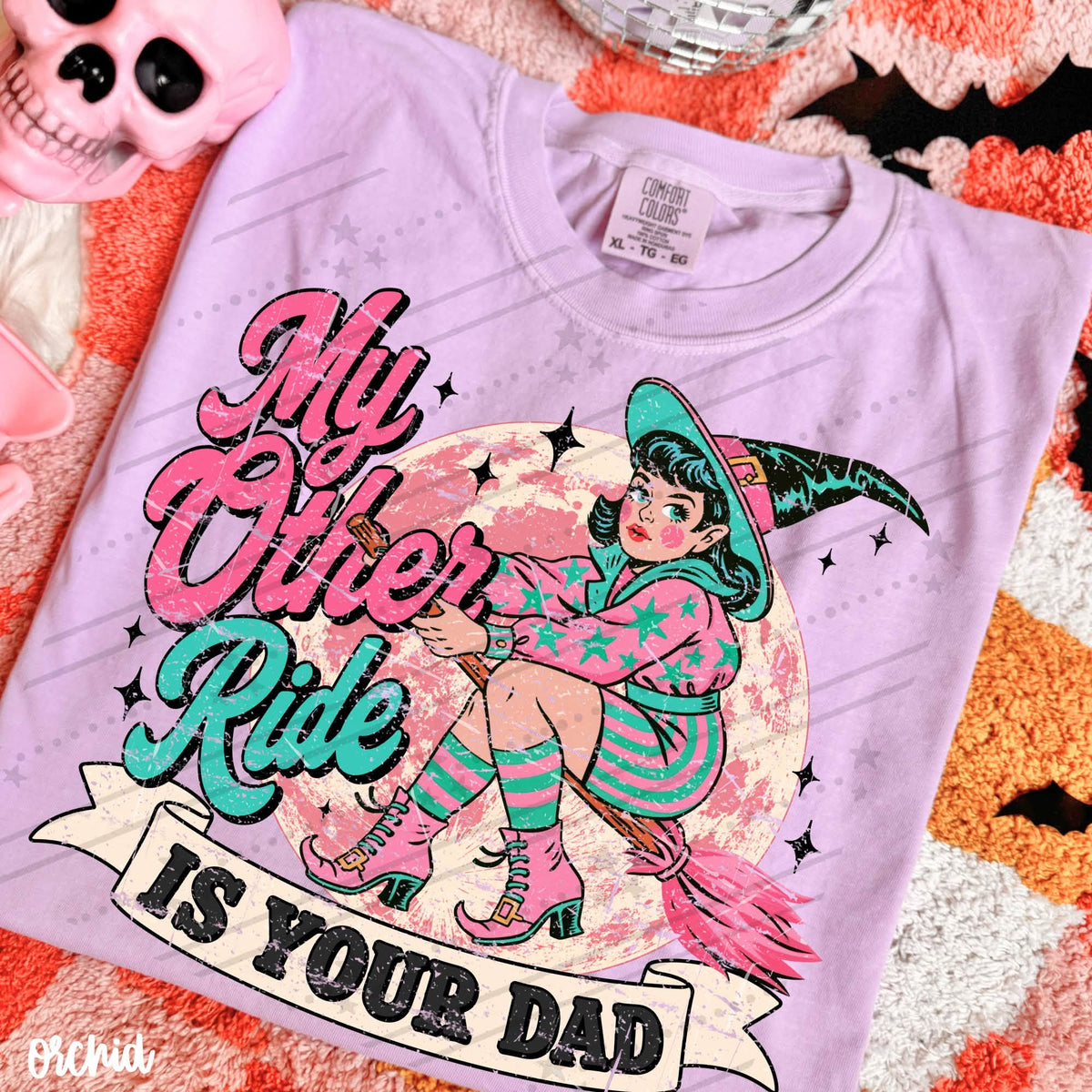 My Other Ride Is Your Dad Shirt – Witch on Broom – Funny Halloween Graphic Tee