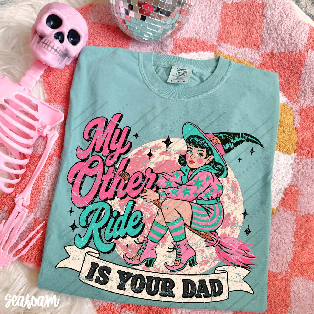 My Other Ride Is Your Dad Shirt – Witch on Broom – Funny Halloween Graphic Tee