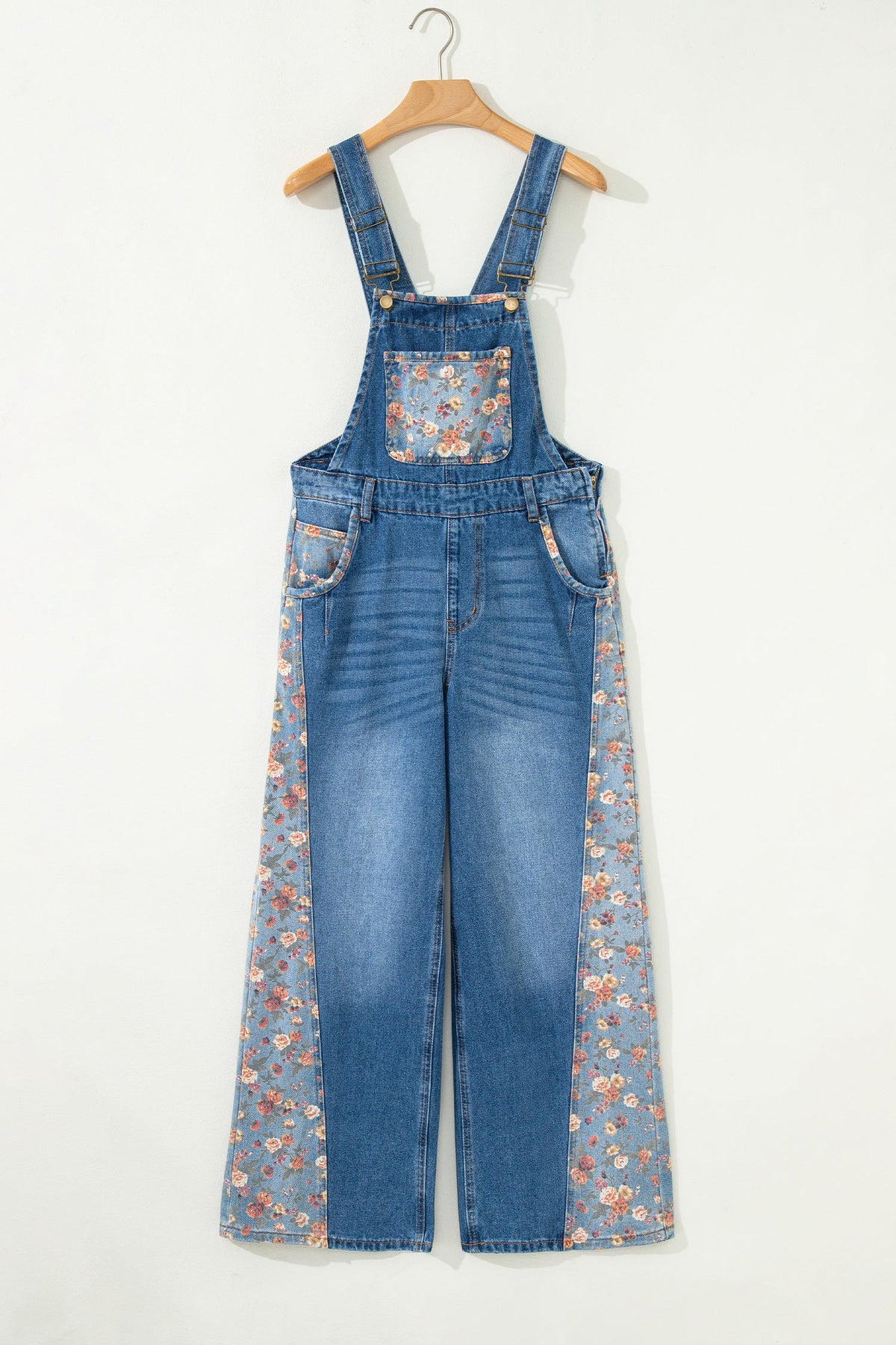 Peacock Blue Floral Patchwork Bib Denim Wide Leg Overalls - Pretty Petty Co