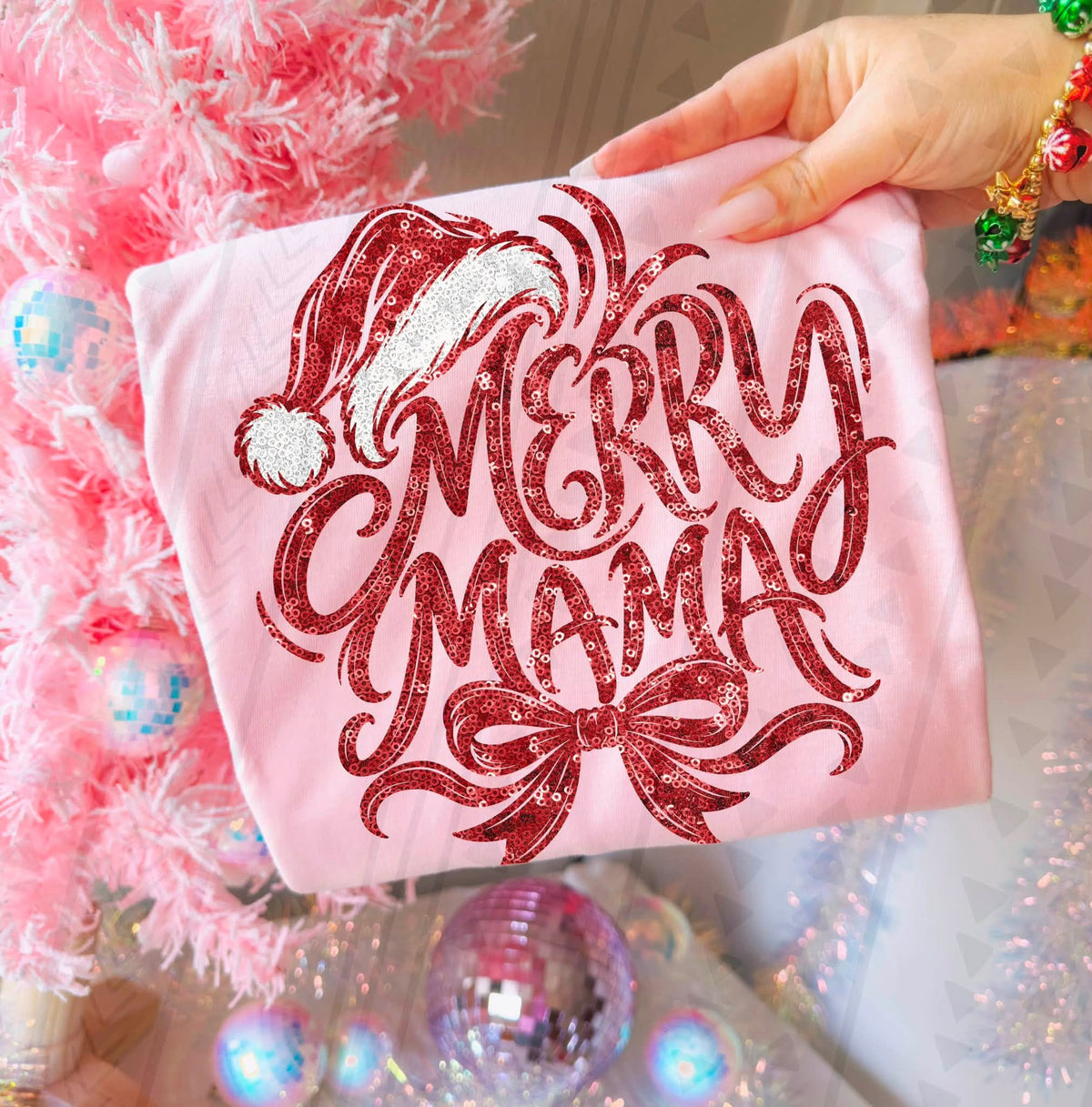 Merry Mama Red Sequin Graphic Tee | Christmas Mom Holiday Shirt