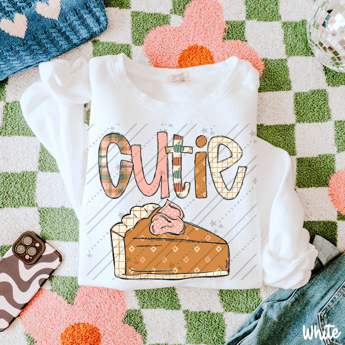 Cutie Pumpkin Pie Graphic Tee | Cute Thanksgiving Shirt | Patchwork Fall Dessert T-Shirt | Girly Autumn Apparel