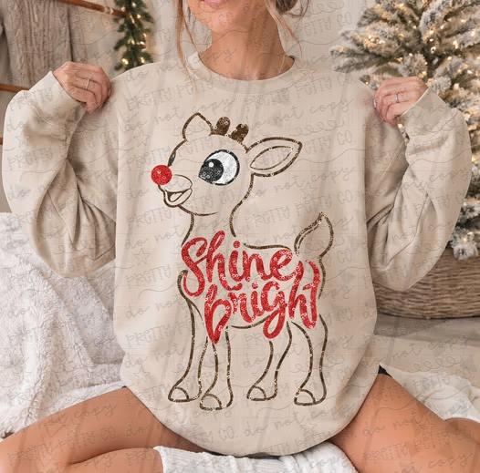 Shine Bright Christmas Sweatshirt | Cute Reindeer Holiday Graphic Crewneck