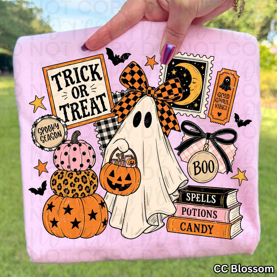 Trick or Treat Ghost Graphic Tee | Retro Halloween Collage Shirt | Cute Spooky Season Comfort Colors T-Shirt