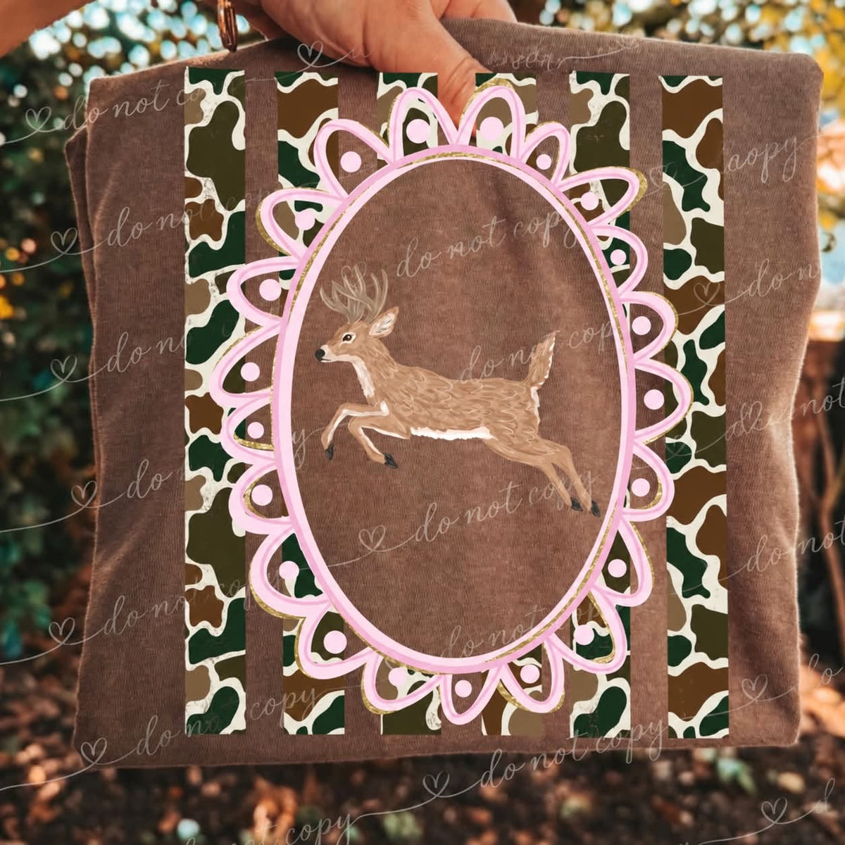 Vintage Camo Deer Graphic Tee | Pink Scalloped Frame Whitetail Buck Shirt | Girly Hunting T-Shirt | Southern Country Girl Apparel