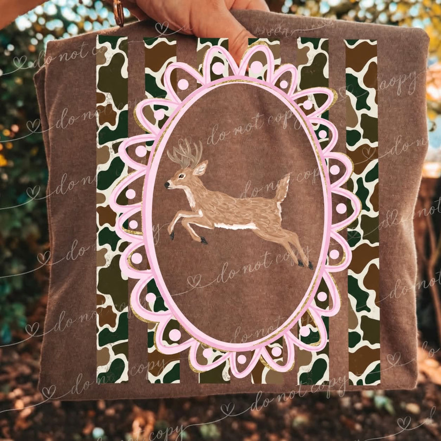 Vintage Camo Deer Graphic Tee | Pink Scalloped Frame Whitetail Buck Shirt | Girly Hunting T-Shirt | Southern Country Girl Apparel