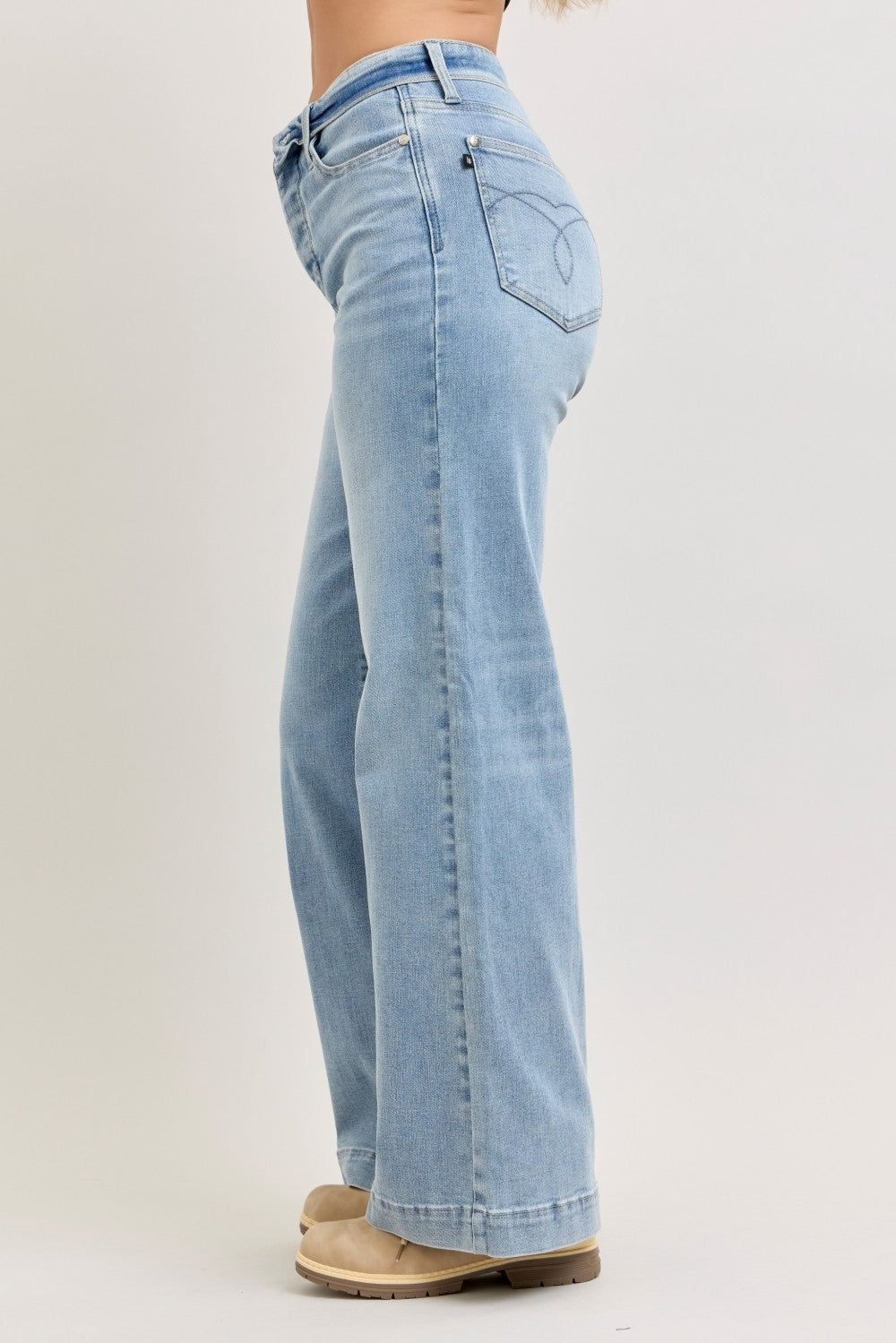 Judy Blue Mid Rise Retro Wide Leg Jeans with Fold-over Waistband - Pretty Petty Co