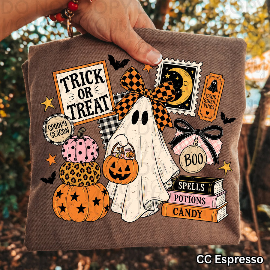 Trick or Treat Ghost Graphic Tee | Retro Halloween Collage Shirt | Cute Spooky Season Comfort Colors T-Shirt
