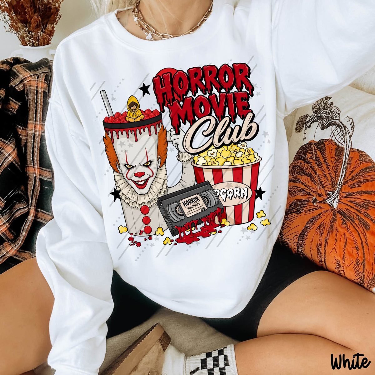 Horror Movie Club Killer Clown Halloween Graphic Sweatshirt – Spooky Movie Lover Fall Crewneck