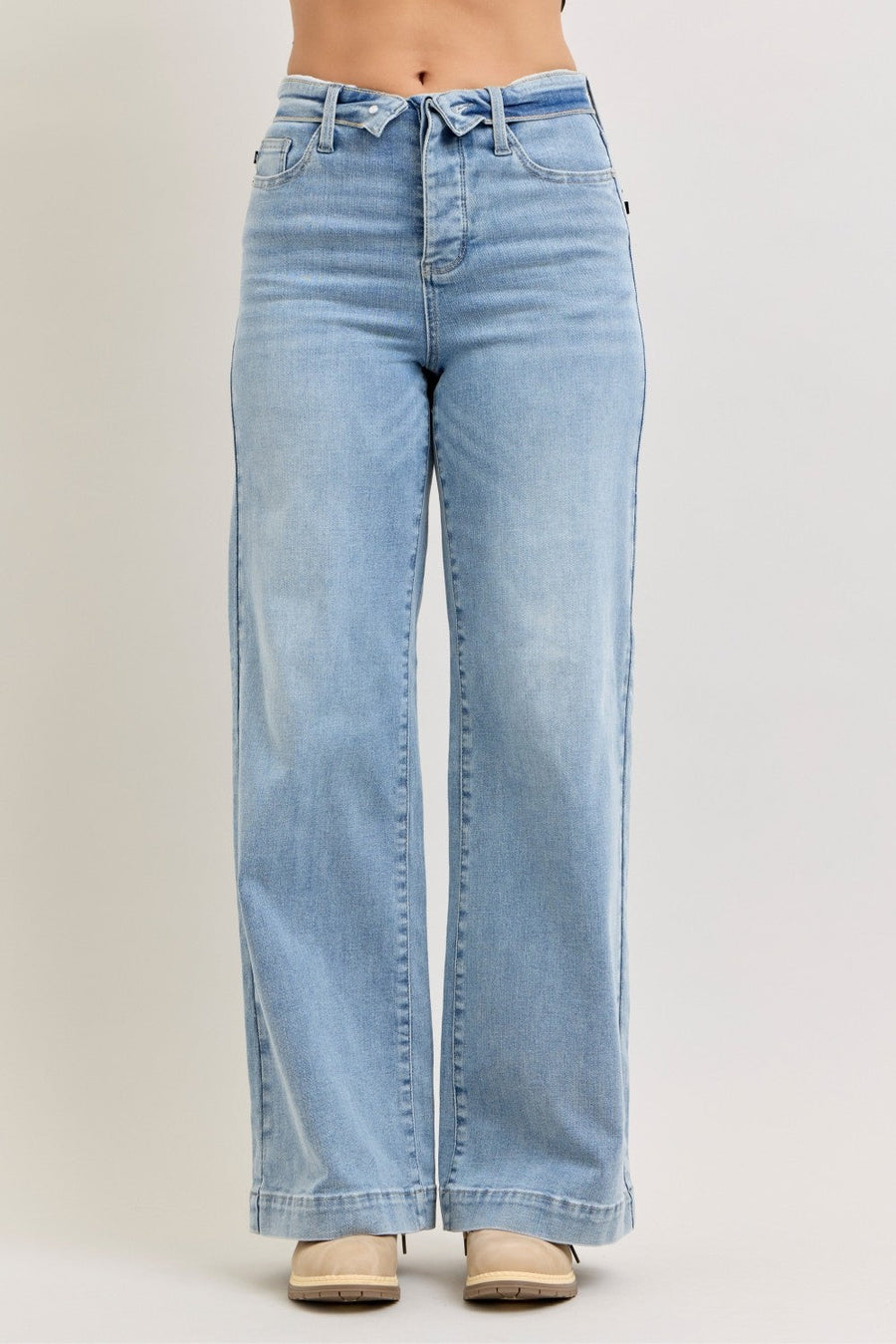 Judy Blue Mid Rise Retro Wide Leg Jeans with Fold-over Waistband - Pretty Petty Co