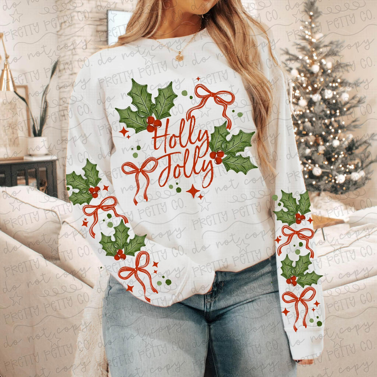 Holly Jolly Christmas Bow & Holly Sleeve Graphic Sweatshirt