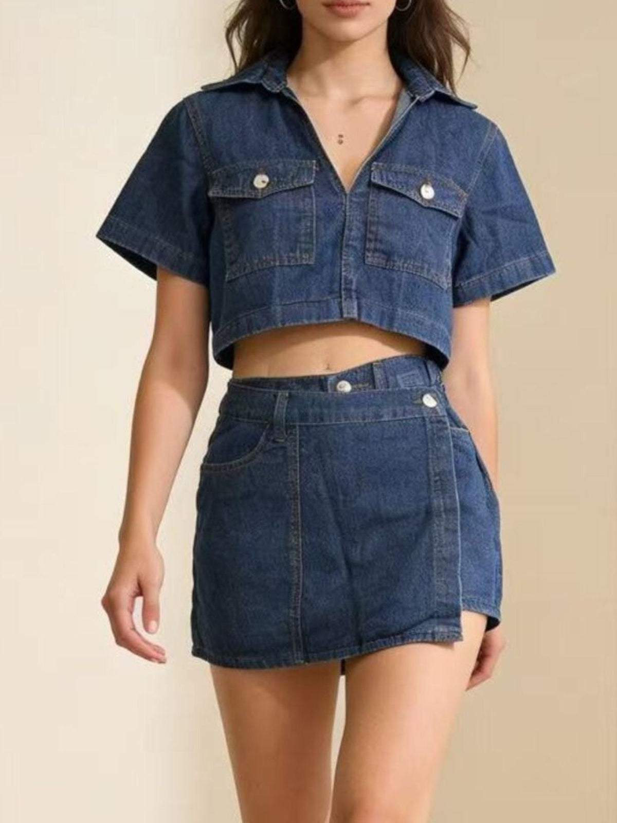 Short Sleeve Cropped Top and Skort Denim Set - Pretty Petty Co