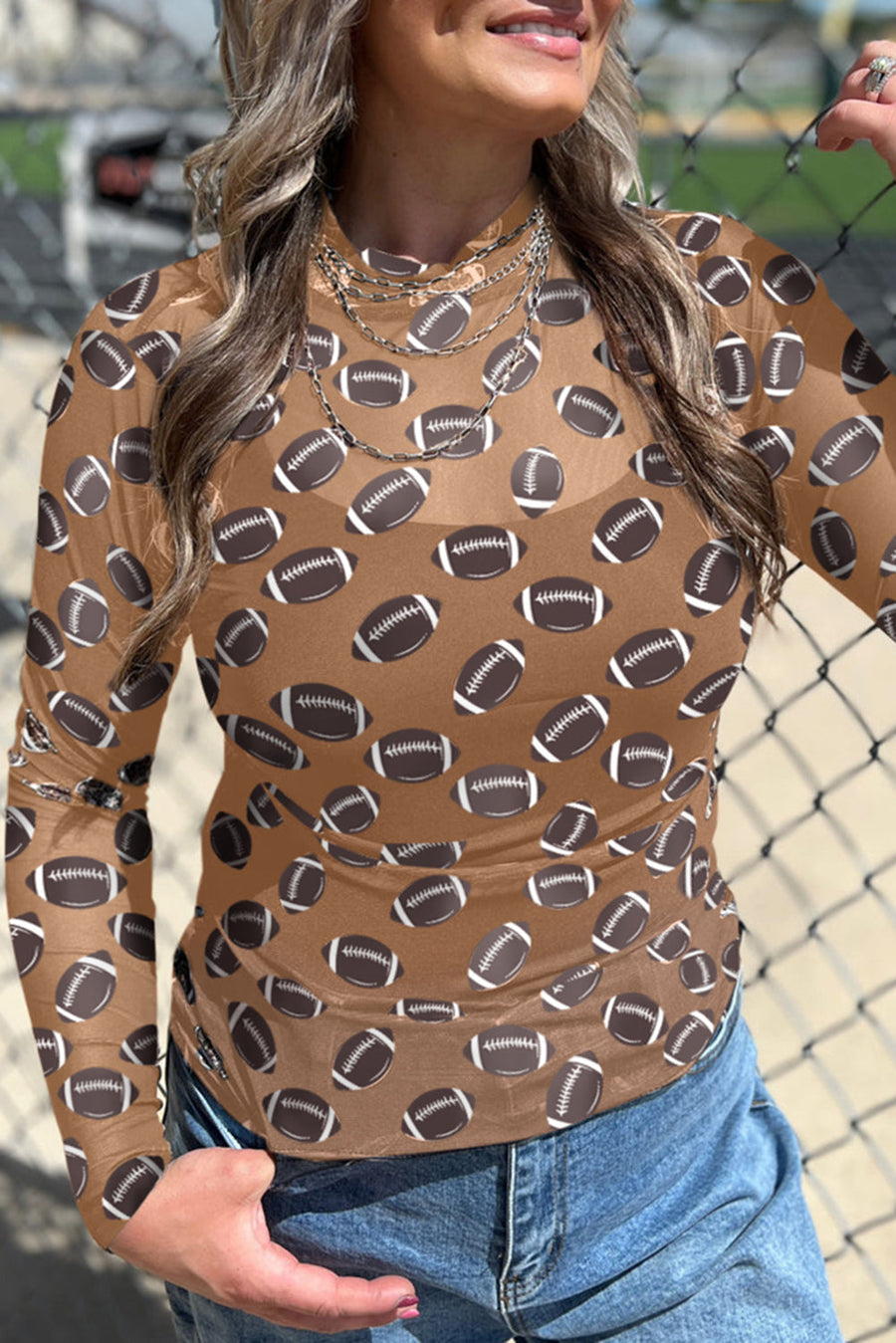 Brown Game Day Football Mesh Sheer Long Sleeve Top - Pretty Petty Co
