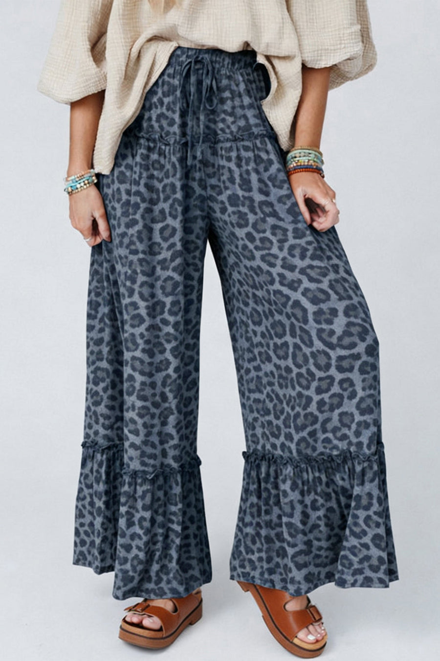Gray Wild Leopard Print Frilled Detail Drawstring Wide Leg Pants - Pretty Petty Co