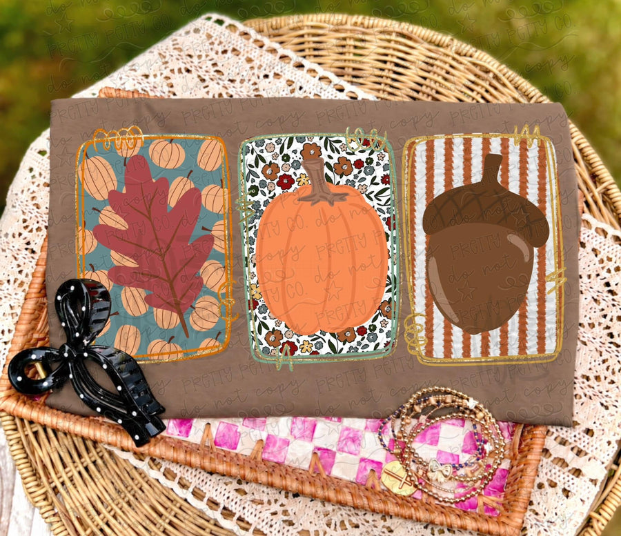 Fall Leaf Pumpkin Acorn Graphic Tee | Retro Autumn Graphic Shirt | Cute Fall T-Shirt | Pumpkin Season Thanksgiving Tee