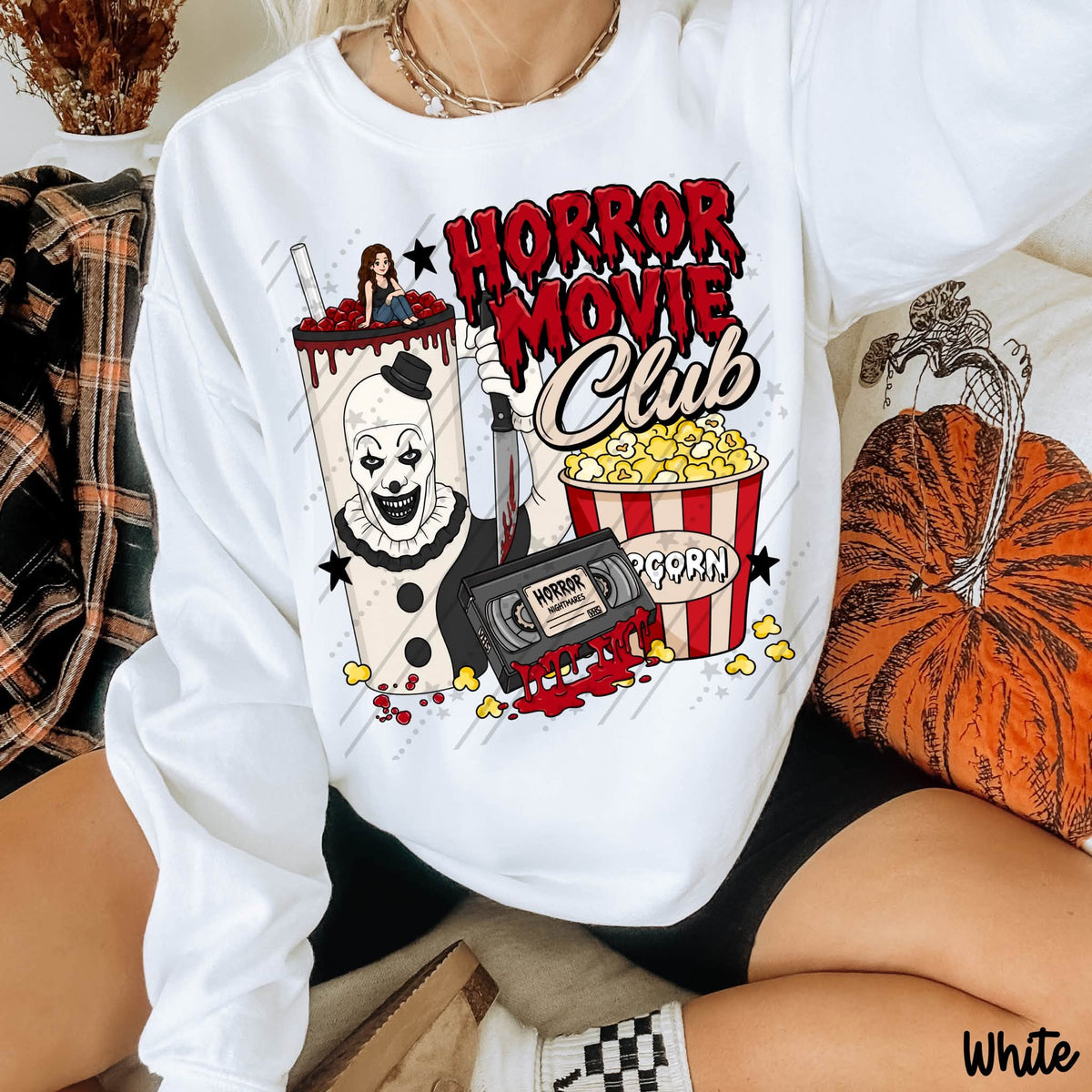 Horror Movie Club Killer Clown Halloween Graphic Sweatshirt – Spooky Movie Lover Fall Crewneck