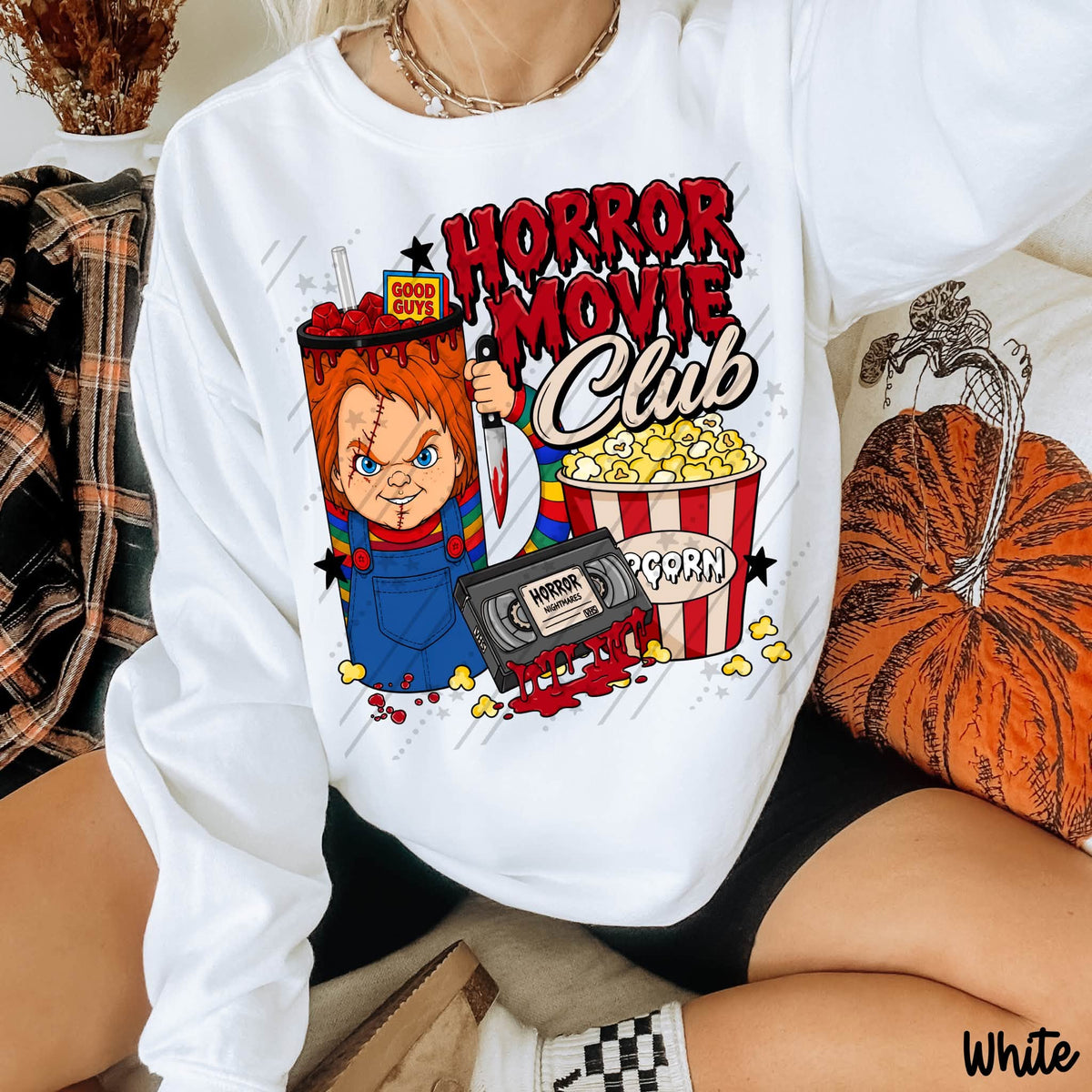 Horror Movie Club Killer Doll Halloween Graphic Sweatshirt – Spooky Season Horror Crewneck