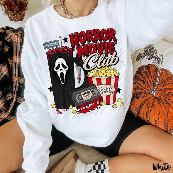 Horror Movie Club Ghost Mask Halloween Graphic Sweatshirt – Spooky Movie Lover Crewneck