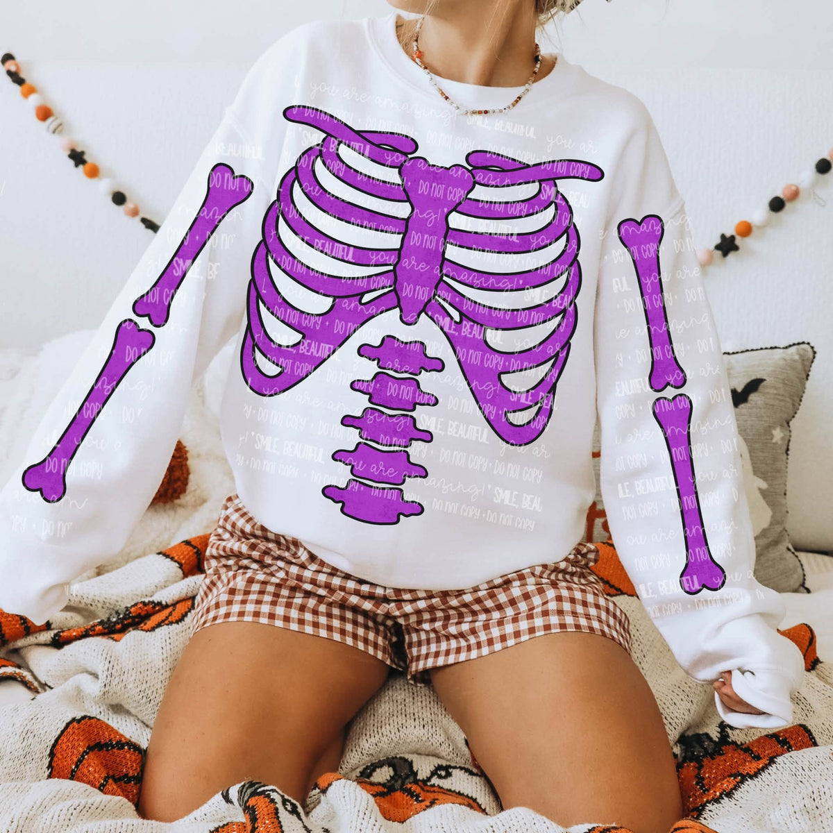 Halloween Skeleton Bones Sweatshirt | Colorful Rib Cage & Bone Sleeve Graphic Crewneck