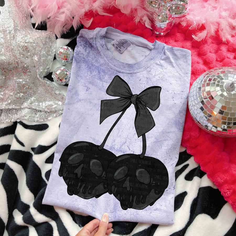 Gothic Skull Cherries Graphic Tee | Black Coquette Bow Halloween Shirt | Comfort Colors