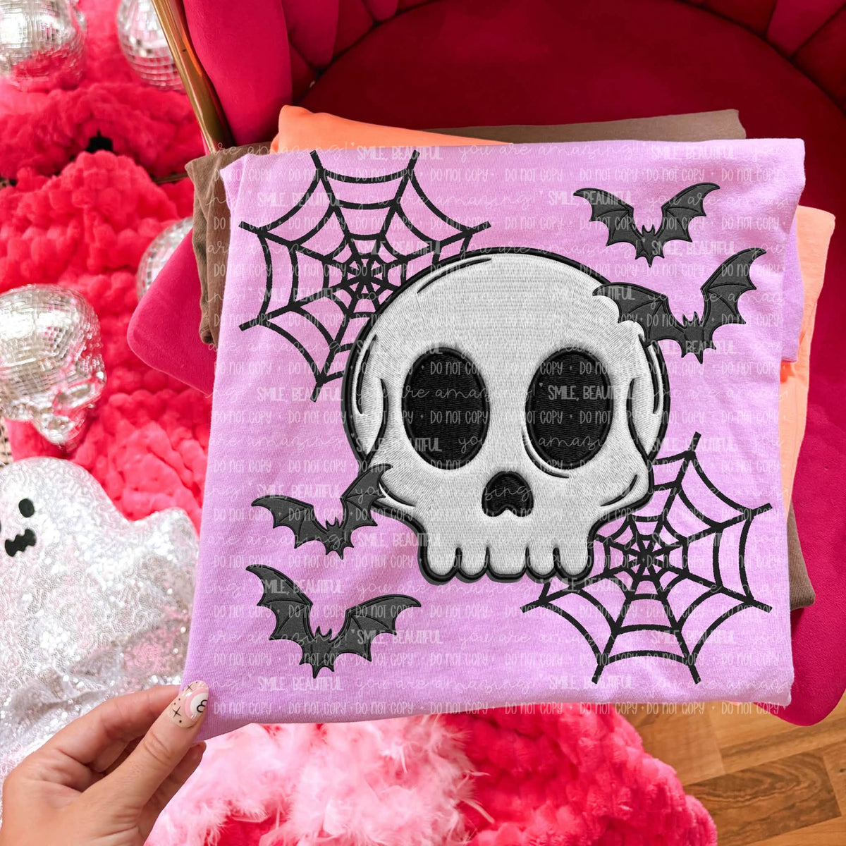 Coquette Skull Halloween Graphic Tee | Pink Bow Spiderweb & Bat Shirt | Comfort Colors