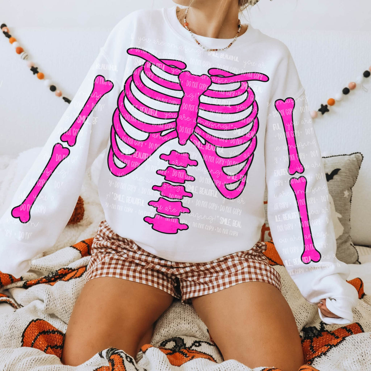 Halloween Skeleton Bones Sweatshirt | Colorful Rib Cage & Bone Sleeve Graphic Crewneck