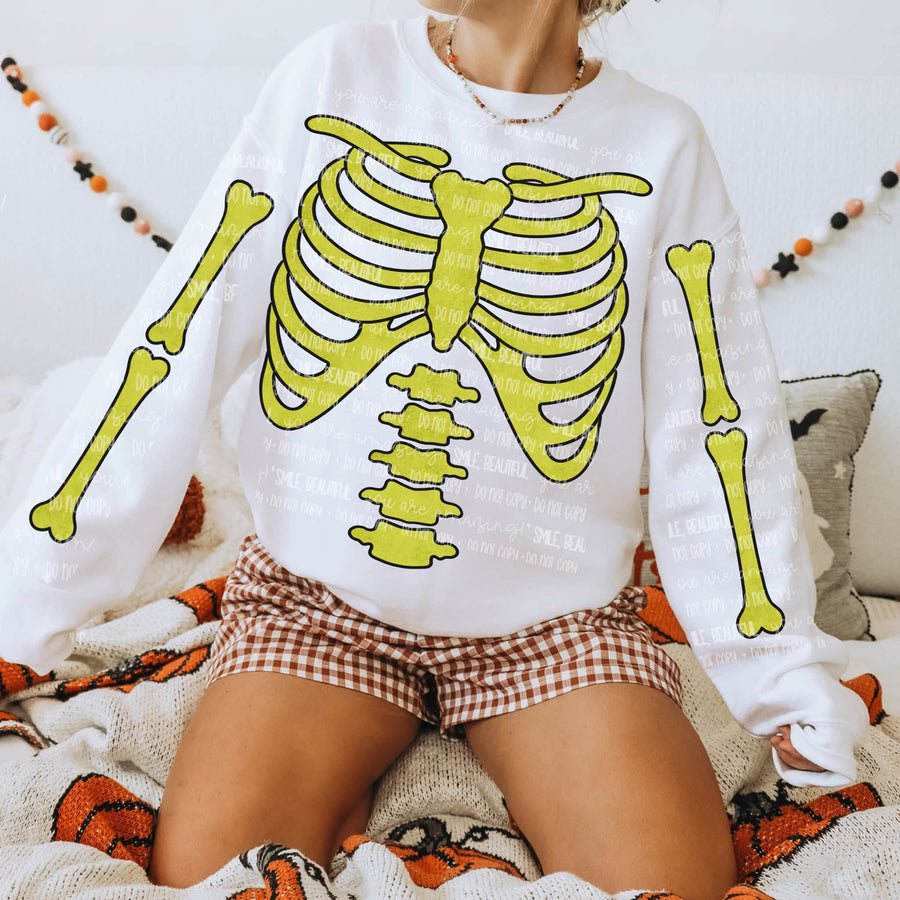 Halloween Skeleton Bones Sweatshirt | Colorful Rib Cage & Bone Sleeve Graphic Crewneck